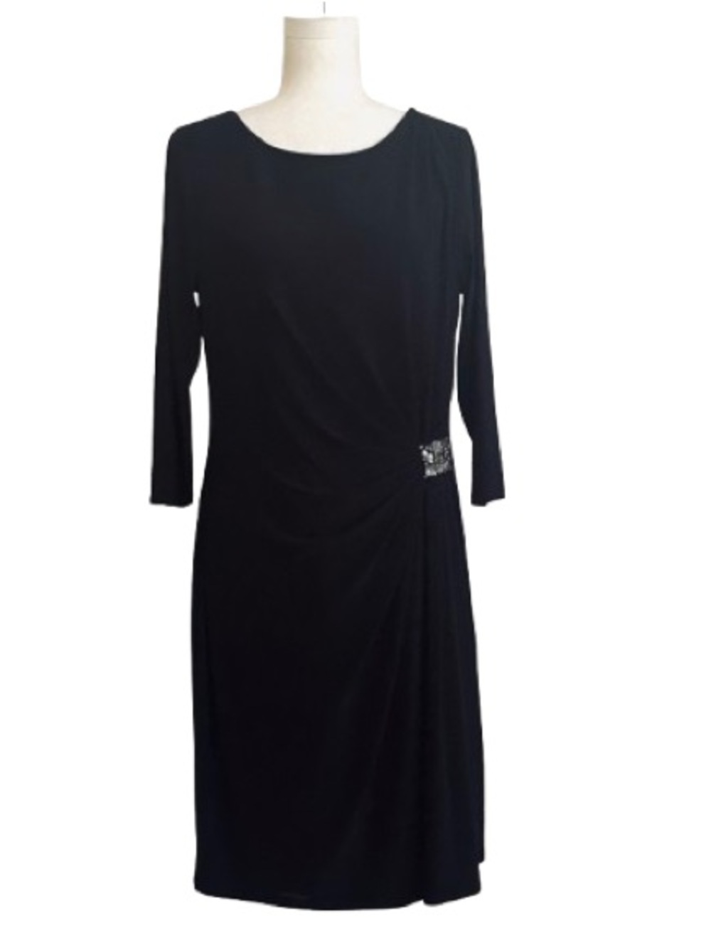 Evan Picone Black Long Sleeve Ruched Rhinestone Detail Cocktail Dress Size 14